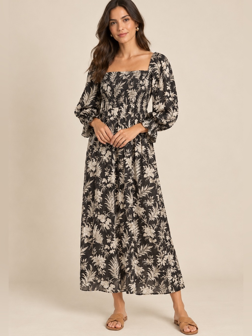 Tuckernuck Linen Midi Dress Womenโs XS Ojai Vines Hemmings Floral Smocked R